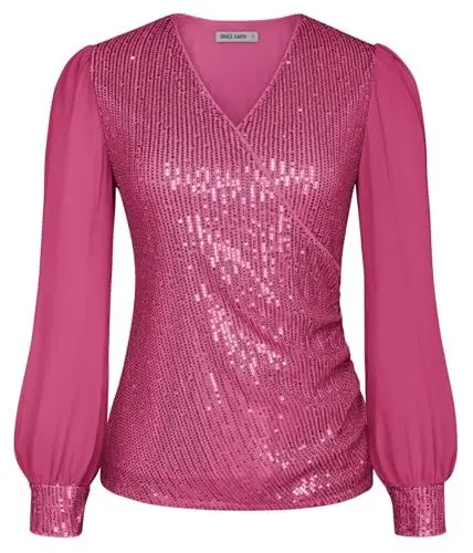 Produktbild: GRACE KARIN Damen Rote Festliche Bluse Glitzer Langarm Disco Party Outfit Basic Slim Fit Tunika Abschlussball Oberteile für Kleider Rose Rot M