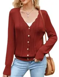Produktbild: GRACE KARIN Damen Herbst Winter Strickpullvoer Elegant Langarm V-Ausschnitt Strickjacke Weinrot M