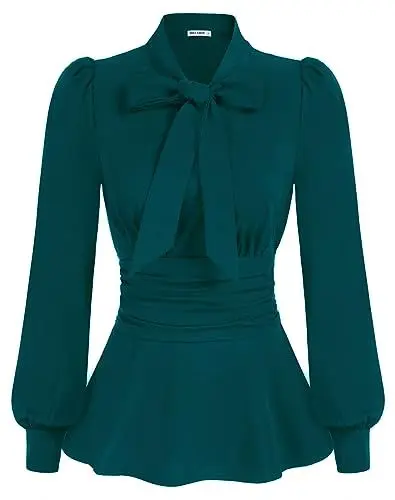 Produktbild: Ladies A-Swing-Top zum Binden am Hals Damen Fliege Puffärmel Schößchen Dressy Shirt Gesmokte Taille Blusen Blau Grün M