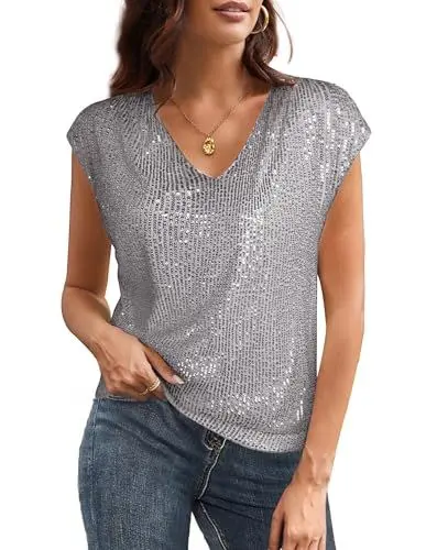 Produktbild: GRACE KARIN Damen Retro 70er Bluse Glitzer Festliche V-Ausschitt Bluse Pailletten Tank Top Disco Tanzparty Tops Cocktail Grau S