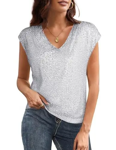 Produktbild: Damen Glitzer Shirt Kurzarm Oberteile Glänzend Pailletten Tops Elegant Festlich Tunika Bluse Weihanchten Party Silber M