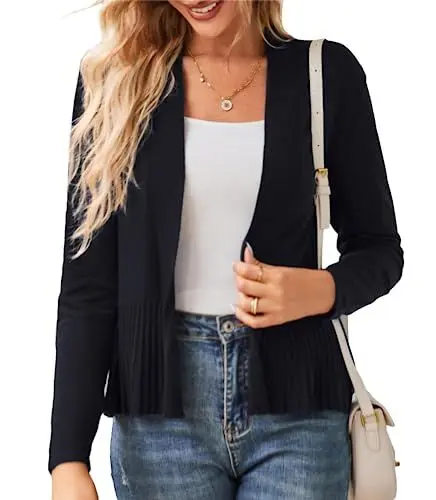 Produktbild: GRACE KARIN Damen Vorne Offnen Dehnbar Strickjacke Stretch Langarm Tunika Elegant Feingestrick Leicht Cardigan mit Weichem Raffung M Schwarz