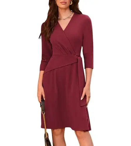Produktbild: GRACE KARIN Damen Wickelkleid mit V-Ausschnitt Formelles Kleid 2024 Taillenband für Herbst Business Weinrot L