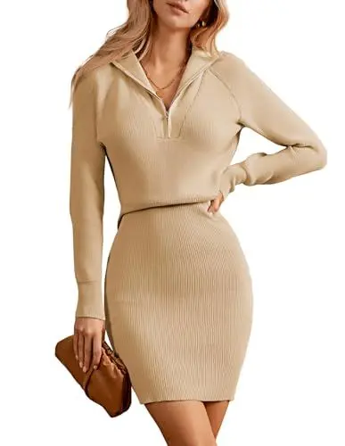 Produktbild: GRACE KARIN Damen Winter Lässig Sweaterkleid Reverskragen Langarm Pulloverkleid Aprikose M