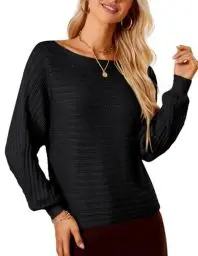 Produktbild: GRACE KARIN Damen Winter Locker Strickpullover Langarm Bootskragen Pulli Herbst Causal Strick Oberteil Schwarz L