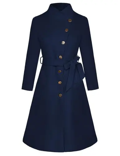 Produktbild: GRACE KARIN klassischer Stehkragenmantel für Damen Langarm Büromantel mit Gürtel Dunkelblau M