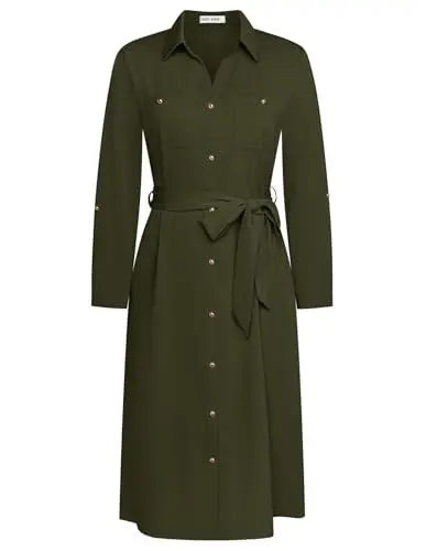 Produktbild: GRACE KARIN Einfarbiges Blusenkleid für Damen gerades Reverskleid mit Langen hochgekrempelten Ärmeln Armeegrün 2XL
