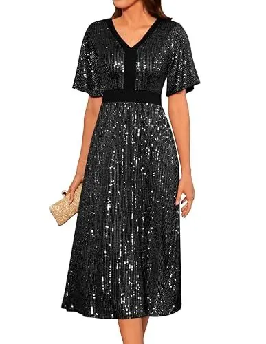 Produktbild: GRACE KARIN Elegant Paillettenkleid Kurzarm Abendkleid V-Ausschnitt Swing Cocktailkleid Elegant Kleid A-Linie Faltenrock Casual Freizeitkleid M Schwarz
