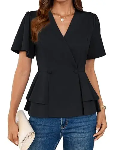 Produktbild: GRACE KARIN Elegante Bluse Damen Kurzarm Sommer Tunika V-Ausschnitt Büro Arbeit Business Outfit M Schwarz-1