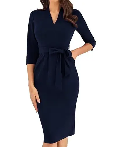 Produktbild: GRACE KARIN Formelle Etuikleider für Damen Elegante Kleider für Hochzeitsgäste Formelle Maxikleider mit Hoher Taille Lässiges Slim Fit Kleid mit Taschen M Marineblau