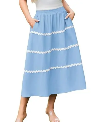 Produktbild: GRACE KARIN Faltenrock Damen Frühling Sommer Midirock Strandrock Casual Freizeitrock Boho L Hellblau