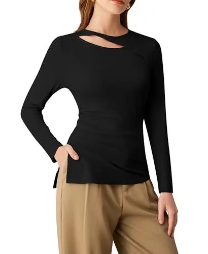 Produktbild: GRACE KARIN Frauen Lässig Langarm Oberteile Basic Solide Farbe Unregelmäßiger Saum Shirt für Party Schwarz L