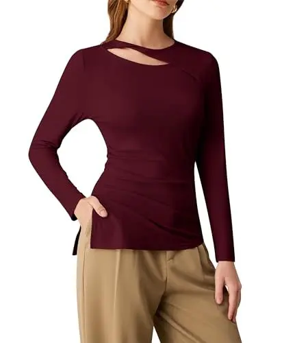 Produktbild: GRACE KARIN Frauen Lässig Langarm Oberteile Basic Solide Farbe Unregelmäßiger Saum Shirt für Party Wein Rot XL