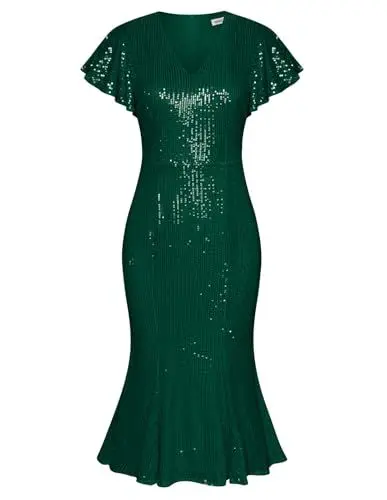 Produktbild: GRACE KARIN Glitzer Kleid Party Kurzarm Rüschen Abendkleid Damen Festlich Cocktailkleid Elegant Wickelkleid L Blaugrün-5