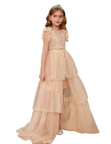 Produktbild: GRACE KARIN Mädchen Glitzer Tüll Prinzessin Kleider Partykleider Blumenmädchenkleider für Einschulung für 7-8 Jahre Roségold