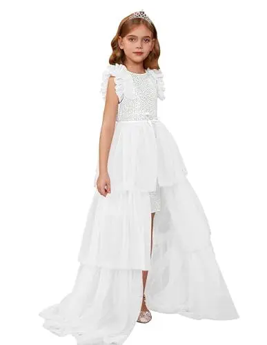 Produktbild: GRACE KARIN Mädchen Prinzessin Glitzer Kleider Festzug Flatterärmel Taufkleider Blumenmädchen Kleid für 6-7 Jahre Silber