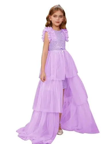Produktbild: GRACE KARIN Mädchen Glitzer Tüll Prinzessin Kleider Partykleider Blumenmädchenkleider für Einschulung für 7-8 Jahre Lila