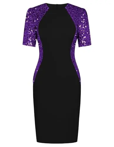 Produktbild: GRACE KARIN Damen Kleider Sexy Schwarz Lila Pailletten Kleid Kurzarm Bodycon Sexy Kleid Damen XXL