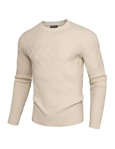Produktbild: GRACE KARIN Herren Winter Grob Fischerstrickpullover Rundhals Regular Fit Zopfmuster Pullover Beige L