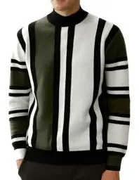 Produktbild: GRACE KARIN Herrn Langarm Feinstrick Thermopullover Vintage Basic Pullover mit Rundhalsausschnitt Dunkelgrün-Weiß Streifen XXL
