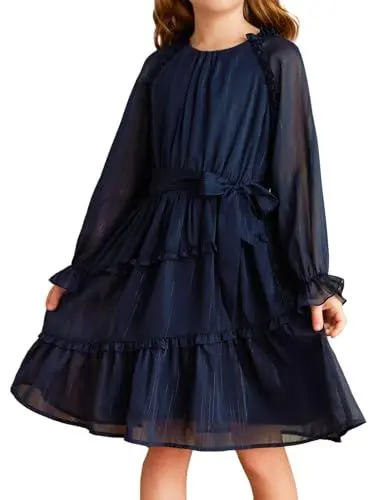 Produktbild: GRACE KARIN Mädchen Partykleider Langarm Rüschen Ärmel Kinderkleid Hochzeit Mädchen Festlich Partykleid 8-10 Jahre/Marineblau -2