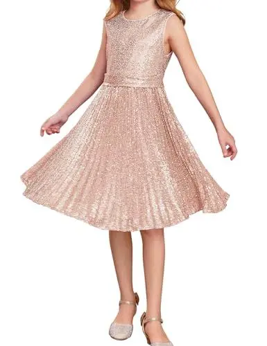 Produktbild: Mädchen Kleid Kinder A-Linie Midi Elegant Kleid Einschulung Kleider Frühling Tüllkleid 6-7 Jahre/Roségold -1