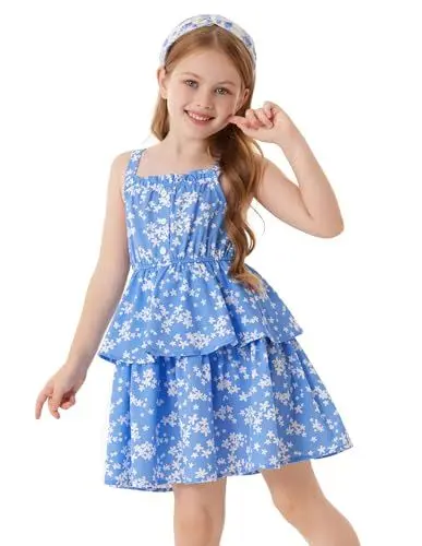 Produktbild: GRACE KARIN Kinder Mädchen Ausgestelltes A-Linie Kleid Sommer Sonnenkleider Verstellbare Träger Quadrat-Ausschnitt Blau 8-10 Jahre