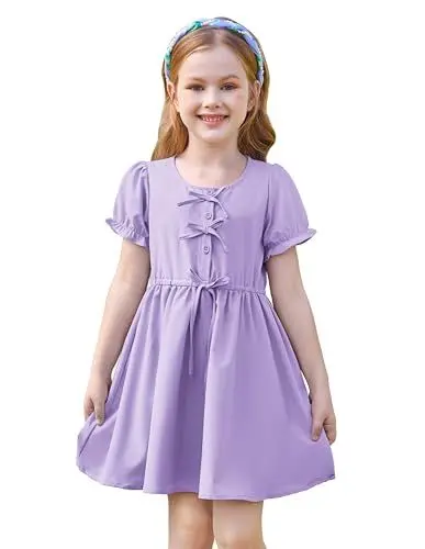 Produktbild: GRACE KARIN Mädchenkleider Sommer Kurzarmkleid Rundhals Flared A-Linien Midi Kleid Lila 8-10 Jahre