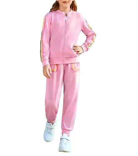 Produktbild: GRACE KARIN Kinder Trainingsanzug Mädchen Trainingsanzug Sportanzug Set Mädchen Jogginganzug Lässig Langärmelig Stehkragen Reißverschluss Oberteil + Hose Rosa 8 Jahre