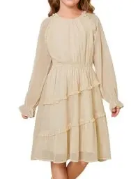 Produktbild: Kleid Mädchen Beige Einfarbig A-Linie Langarm Tüllkleid für Mädchen Swing mit Gürtel Vintage 10-12 Jahre/Aprikose -1