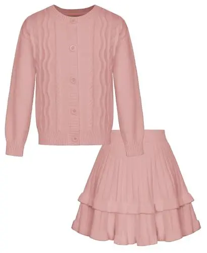Produktbild: Strickjacke Mädchen Langarm Rock Prinzessin Strick Kleid Plisseerock 7-8 Jahre/Rosa -2