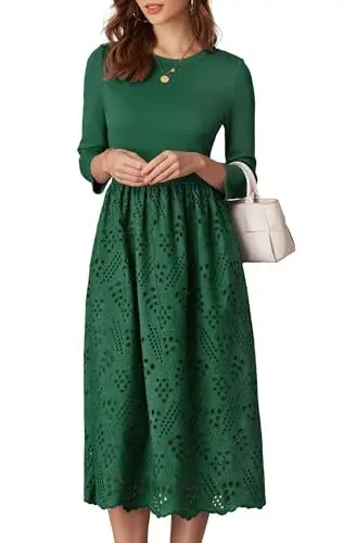 Produktbild: GRACE KARIN Kleid für Damen mit Lochstickerei Lässiges Fließendes Herbstkleid Empire-Taille Midikleid Dunkelgrün XL