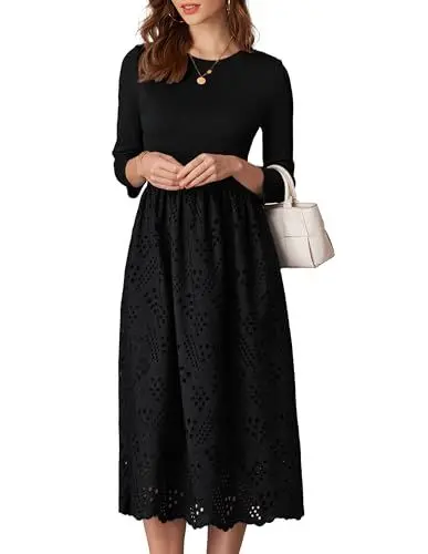 Produktbild: GRACE KARIN Damen Kleider Lang Sommer-Maxi-Boho-Strandkleid Langärmelig Rundhalsausschnitt Ausgestelltes Kleid für Damen Abendkleid M Schwarz