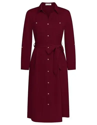 Produktbild: GRACE KARIN Damen Revers Bluse Kleid Abnehmen Für Arbeit Büro Business Lehrer Weinrot L