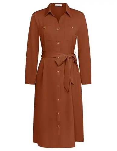 Produktbild: GRACE KARIN Damen Business Büro Kleid Langarm Kleid 2024 Revers Gerades Kleid mit Gürtel Orange Farbe XL