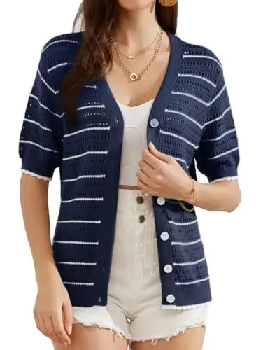 Produktbild: GRACE KARIN Leicht Sommer Strickjacken für Damen Kurzärml Bauchfreier Strickjacken mit V-Ausschnitt Marineblau-weißer Streifen L