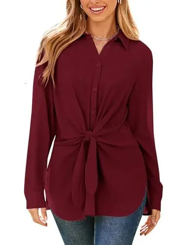 Produktbild: GRACE KARIN Bluse für die Übergangszeit Damen Bluse Langarm Chiffonbluse Elegant V-Ausschnitt Hemd Casual Arbeit Einfarbig Button Down Hemd Freizeit M Weinrot