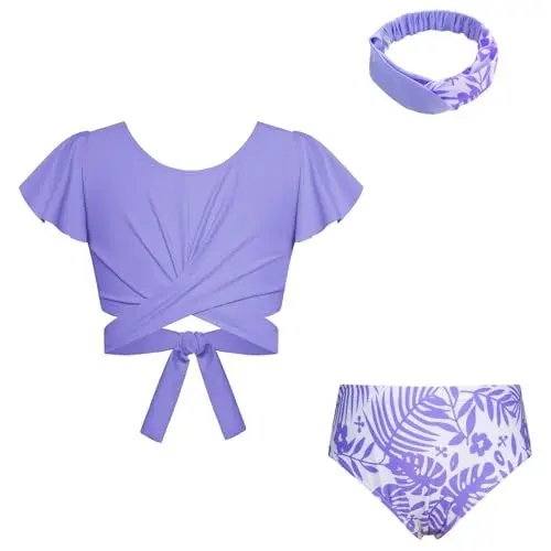 Produktbild: GRACE KARIN Mädchen 3 Stück geteilter Badeanzug Verstellbarer Bund Kurzärmeliges Top Badeshorts Mit Haarband Weiß-Violette Blätter 12 Jahre