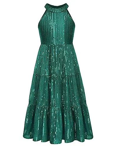 Produktbild: GRACE KARIN Mädchen Ärmellos Festlich Glitzer Festkleid mit Pailletten Neckholder Cocktailkleid Partykleid Grün 14 Jahre
