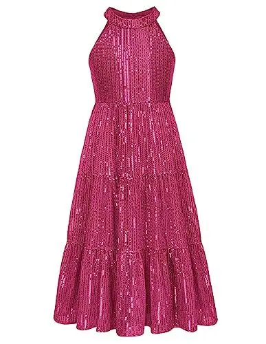 Produktbild: GRACE KARIN Mädchen Ärmellos Festlich Glitzer Festkleid mit Pailletten Neckholder Cocktailkleid Partykleid Rose Rot 14 Jahre