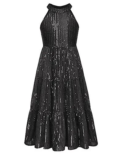 Produktbild: GRACE KARIN Mädchen Ärmellos Festlich Glitzer Festkleid mit Pailletten Neckholder Cocktailkleid Partykleid Schwarz 14 Jahre