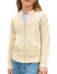 Produktbild: GRACE KARIN Mädchen Casual Knitted Cardigan Langarm Rundhals Strickjacke mit Reißverschluss Winter Strick Pullover Aprikose 14 Jahre