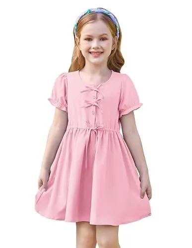 Produktbild: GRACE KARIN Mädchen Flared Kleid Kurzarm Rundhals A-Linie Legeres Midi Kleid mit Taschen Rosa 10-12 Jahre
