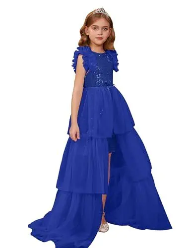 Produktbild: GRACE KARIN Mädchen Glitzer Tüll Prinzessin Kleider Partykleider Blumenmädchenkleider für Einschulung für 7-8 Jahre Königsblau