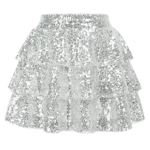 Produktbild: GRACE KARIN Mädchen Glitzernder Paillettenrock Elastischer Tanzrock mit Hoher Taille Gestufter Mini Skort Silber Weiß 10 Jahre