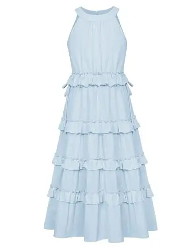 Produktbild: GRACE KARIN Mädchen Kleid 152 Kinder Blau Sommer Festlich Prinzessin Einschulung Kleider 158 Kommunionkleid Baumwolle Rundhals