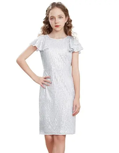 Produktbild: GRACE KARIN Mädchen Kleid Paillette Mädchen Kleider mit Rundhals Elegante Kleid Festlich 8-10 Jahre Weiß