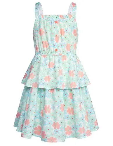 Produktbild: GRACE KARIN Mädchen Kleider Frühling Sommer Strand Urlaub Blumen A-Linie Sonnenkleid mit Knöpfen Grün 10-12 Jahre