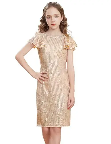 Produktbild: GRACE KARIN Kleider für Mädchen Kurzarm Freizeitkleid Einschulung Kleid Mädchen Party Kostüm 10-12 Jahre Gold
