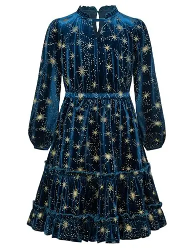 Produktbild: Mädchen Glitzer Stern Partykleid Rundhalsausschnitt A-Linie Midikleid Festlich Halloween Kleid Rüschen Prinzessin Kleid Blau 12-14 Jahre